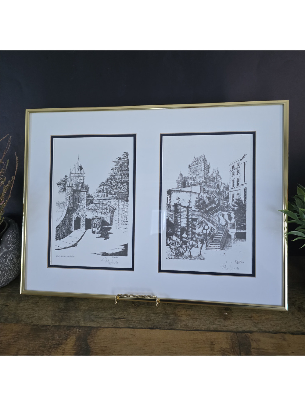 Vtg Signed Quebec City Architectural Art Prints Gold Frame Double Mat Artwork